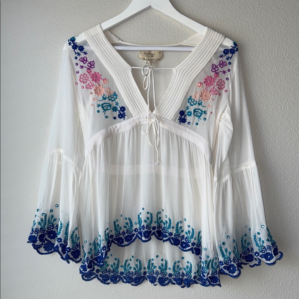 NICOLE MILLER Artelier Floral Embroidered Bell Sleeve Peasant Blouse PETITE XS